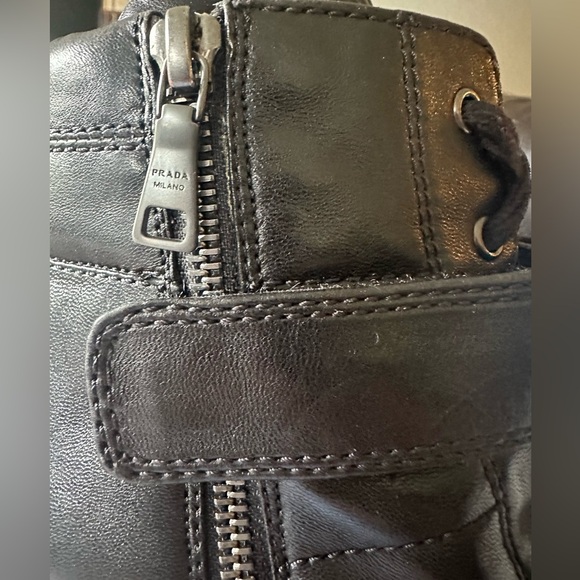 Prada Logo Lug Sole Platform Block Heels Ankle Moto Combat Black Leather 37 1/2 - Picture 8 of 14